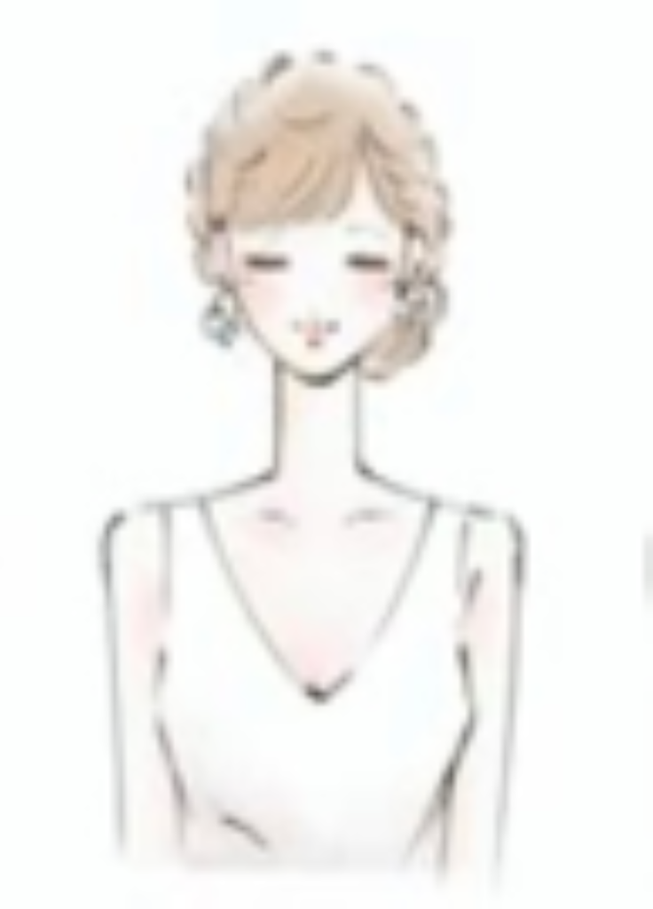 シャープなV字ラインがデコルテを美しく見せ、小顔効果も演出。軽井沢での洗練されたウェディングに最適なスタイリッシュな花嫁へ。