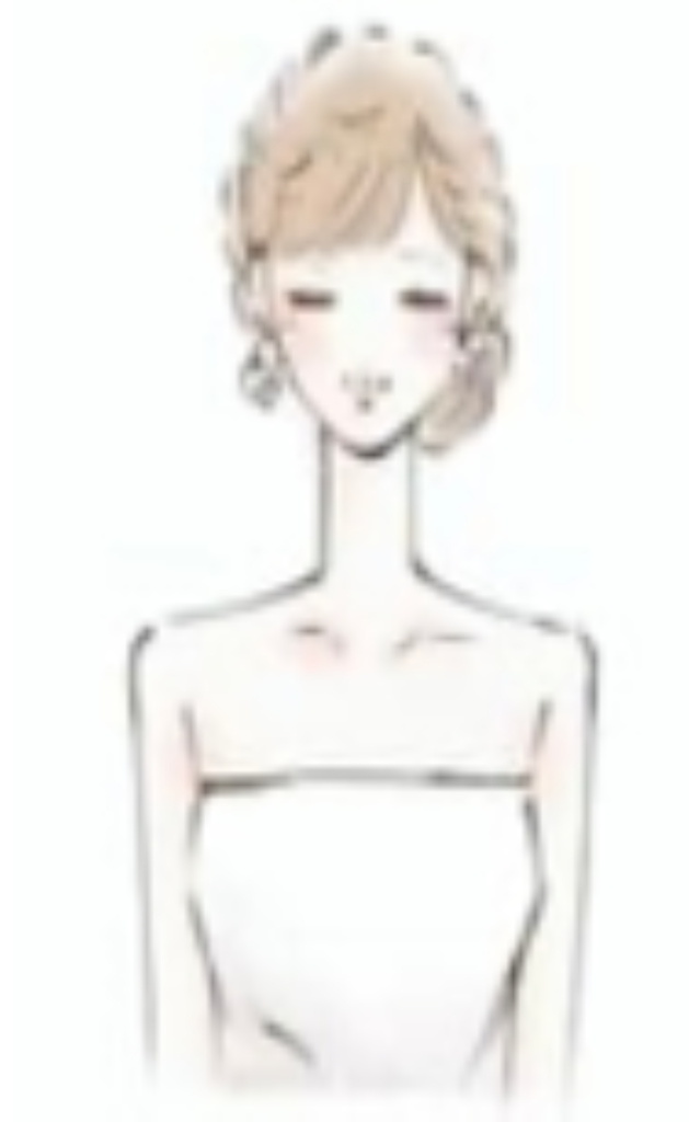 花嫁の王道スタイル。デコルテと肩のラインを最大限に美しく見せ、軽井沢での非日常的なウェディングで主役の輝きを放ちます。