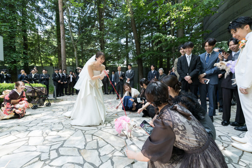 軽井沢の緑に囲まれたガーデンで、愛犬も参加するブーケプルズならぬ「おやつプルズ」!ゲストと笑顔が溢れるアットホームな演出を叶えます。