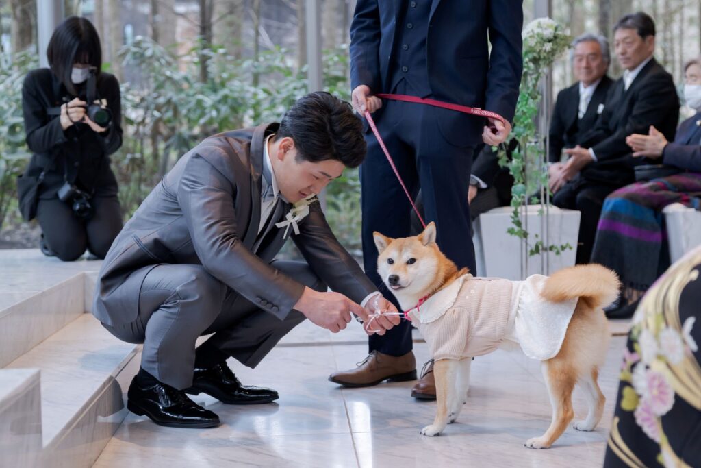 晴れ姿の愛犬の登場に、笑顔が溢れる心温まるセレモニー。自然に囲まれたチャペルで。