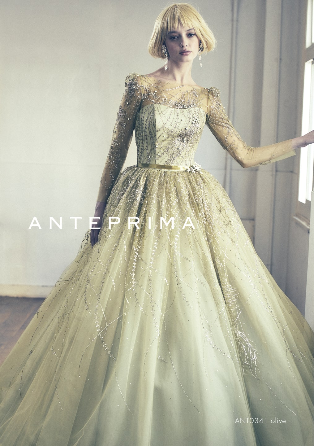 アネーリ軽井沢提携アンテプリマのオリーブ色のグリッタードレス。長袖のシースルー素材と、全身の銀色の刺繍がエレガントで、軽井沢のクラシカルな披露宴に映えるお色直し衣装。