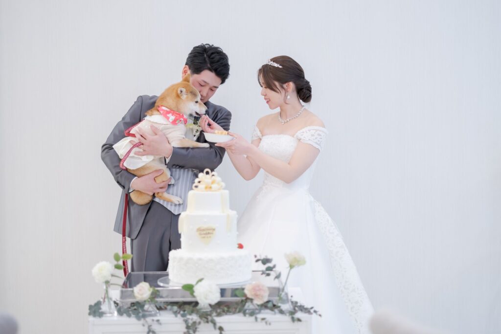愛犬も大切な家族の一員!ウェディングケーキをシェアする心温まるひととき。軽井沢で叶えるペットと一緒のアットホーム婚。