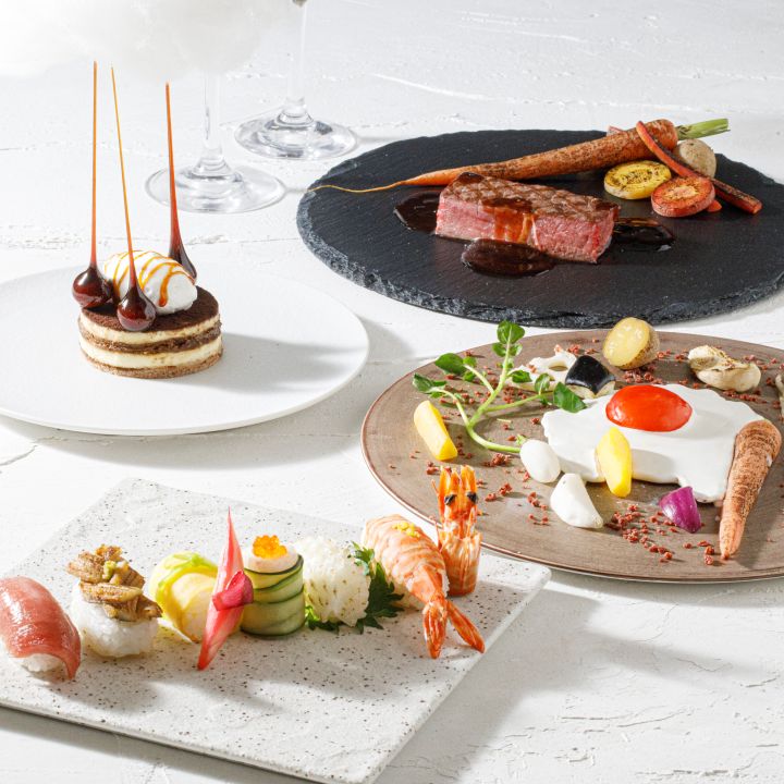 埼玉・大宮の結婚式場アネーリ大宮の和洋折衷婚礼料理。人気の握り寿司、牛ステーキ、特製デザートを組み合わせた贅沢なコース一覧